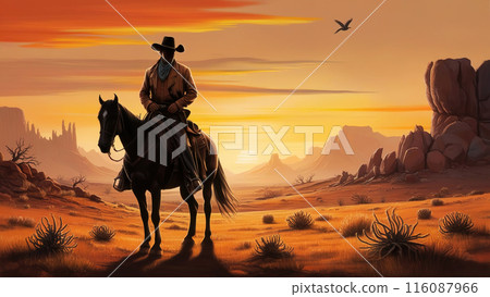 Silhouette of a cowboy in wild west landscape in sunset 116087966
