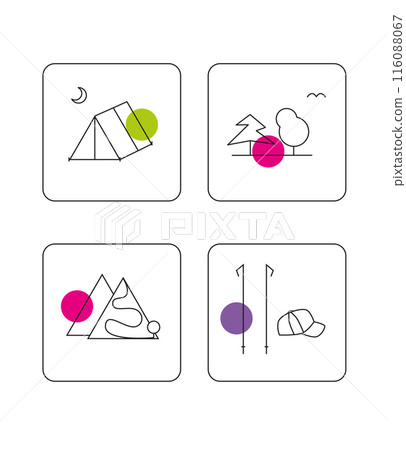 Tourism Pictograms. Vacation and holidays Icons set of Pictograms. outdoor and camping icons. line series. Vector icons isolated on white 116088067