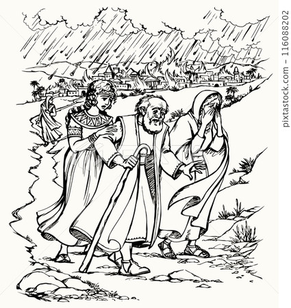 Vector drawing. Lot flee from Sodom Vector drawing. Lot flee from Sodom 116088202