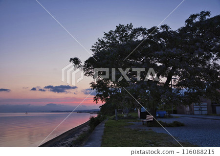 Lake Biwa and that bench at dawn - Horizontal composition 25 Lake Biwa and that bench at dawn - Horizontal composition 25 116088215