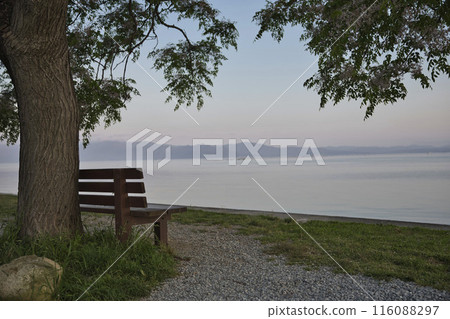 Lake Biwa and that bench at dawn - Horizontal composition 60 116088297