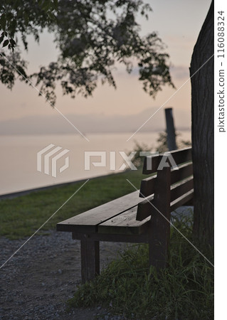 That bench and the shores of Lake Biwa at sunrise: vertical composition 2 That bench and the shores of Lake Biwa at sunrise: vertical composition 2 116088324