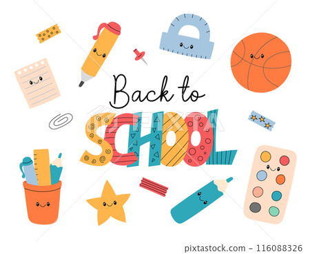 Back to School vector set. Illustration for first day of school. Cute office supplies composition. Funny stationery elements. Colorful hand drawn collection Back to School vector set. Illustration for first day of school. Cute office supplies composition. Funny stationery elements. Colorful hand drawn collection 116088326