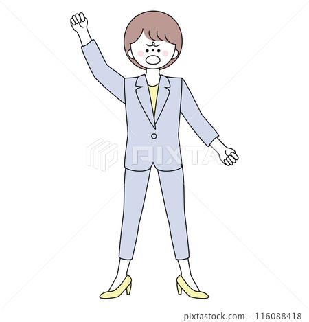Illustration of an angry woman in a suit with her fist raised Illustration of an angry woman in a suit with her fist raised 116088418