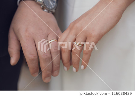Married couple holding hands with rings ceremony wedding day 116088429
