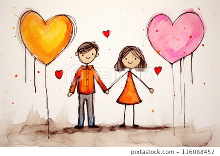 Couple in love holding hands and balloons - Stock Illustration ...