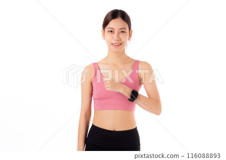 Happy young asian woman looking and show smartwatch for exercise and aerobics with cardio. 116088893