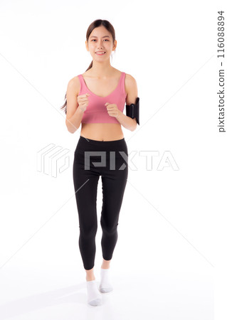 Portrait of beautiful young asian woman in sportswear jogging for workout isolated. 116088894