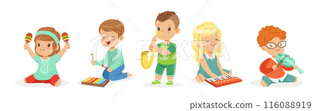 Little Kids Playing Musical Instrument Vector Illustration Set Little Kids Playing Musical Instrument Vector Illustration Set 116088919