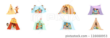 Cute Little Children Playing with Teepee Tent Vector Set 116088953
