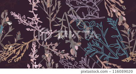 Stylized seamless pattern featuring hand-drawn herbs and leaves in various muted colors on a dark background. Stylized seamless pattern featuring hand-drawn herbs and leaves in various muted colors on a dark background. 116089020