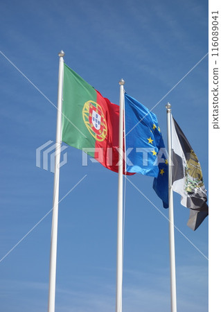 Portuguese and European Union flags waving against blue sky 116089041