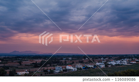 Beautiful Panoramic View of colorful cloudscape with blue Sky in Background during a sunny winter sunset.1 116089086