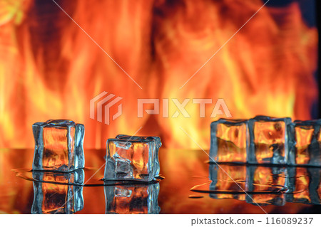 three ice cubes against the background of fire, fire and ice, place under the text 1 three ice cubes against the background of fire, fire and ice, place under the text 1 116089237
