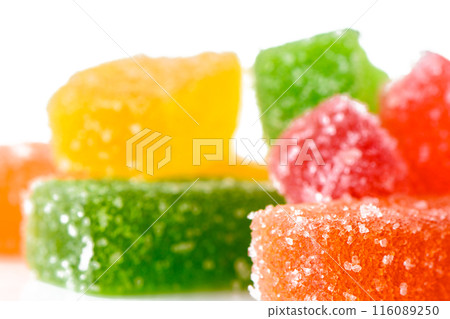 Soft candies, multi-colored marmalade, long, close-up, selective focus 116089250
