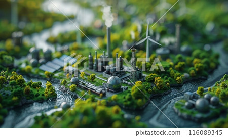 mini city on green grass, tiny houses and buildings on the lawn. windmills, houses in tiny miniature. country mini 116089345
