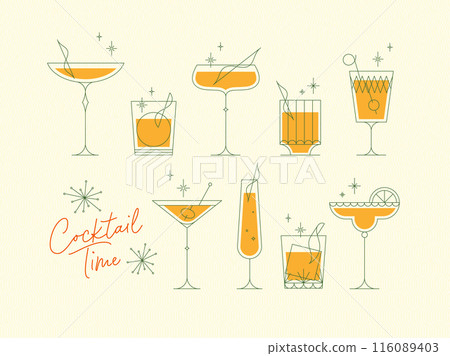 Cocktails time set with glasses in retro style yellow Cocktails time set with glasses in retro style yellow 116089403