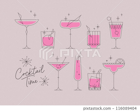Cocktails time set with glasses in retro style pink 116089404