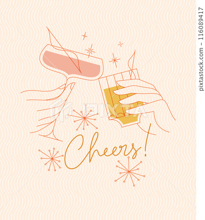 Poster with clinking glasses in retro style beige 116089417