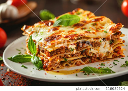 Delicious Layered Beef Lasagna with Fresh Basil and Melted Cheese Topping 116089624