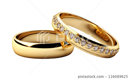 Elegant gold wedding rings with a round diamond setting exchanged by the bride and groom in a love-filled wedding ceremony, adding sophistication and love to the celebration. AI Generated 116089625