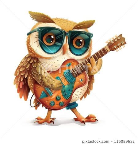 Hipster Owl Playing Electric Guitar - Cute and Trendy Animal Musician Illustration 116089652