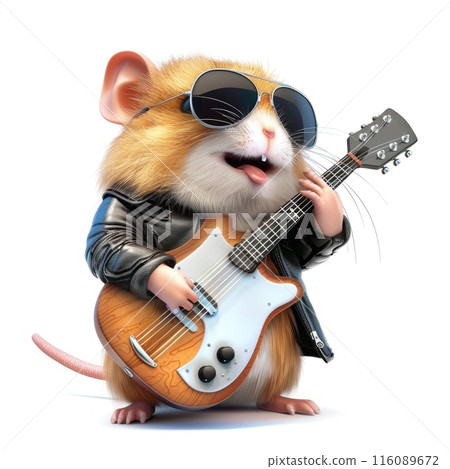 Cute Hamster Rock Star Playing Electric Guitar with Sunglasses and Leather Jacket Cute Hamster Rock Star Playing Electric Guitar with Sunglasses and Leather Jacket 116089672