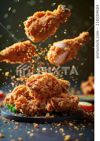 Crispy Fried Chicken Drumsticks Falling onto a Plate with Seasoning Crispy Fried Chicken Drumsticks Falling onto a Plate with Seasoning 116089684