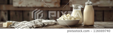 Rustic Dairy Still Life with Fresh Cheese, Milk, and Cottage Cheese in a Cozy Kitchen 116089740