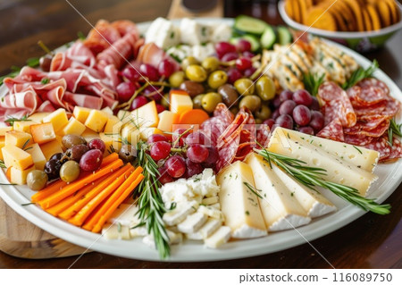 Cheese Charcuterie Board with Grapes, Cured Meats, and Crackers on Dark Wooden Background Cheese Charcuterie Board with Grapes, Cured Meats, and Crackers on Dark Wooden Background 116089750