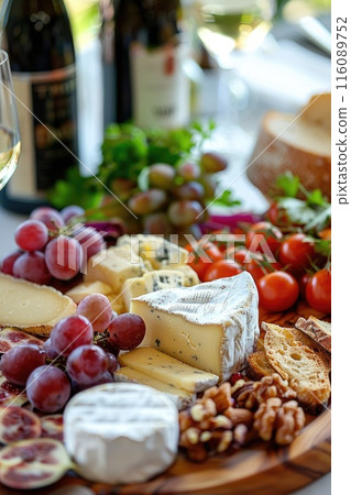 Gourmet Cheese Platter with Grapes, Nuts, and Meats on Wooden Board Gourmet Cheese Platter with Grapes, Nuts, and Meats on Wooden Board 116089752