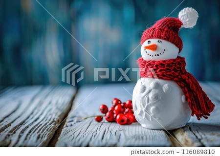 Whimsical Snowman with Top Hat and Carrot Nose in Rustic Winter Scene 116089810