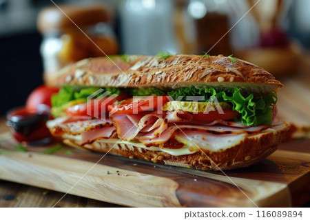 Delicious Ham and Cheese Sandwich with Fresh Vegetables on Crispy Baguette 116089894
