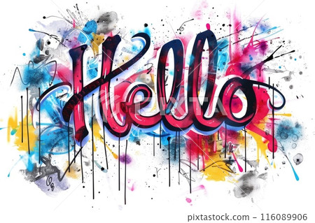 Colorful Graffiti Art Featuring Hello in Vibrant Splash Background 116089906