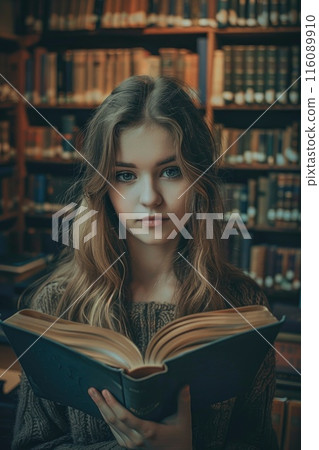 Young Woman Reading Book in Vintage Library Young Woman Reading Book in Vintage Library 116089910