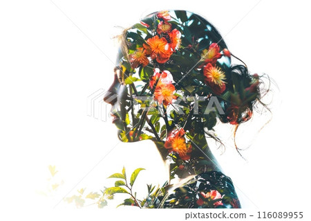 Double Exposure Portrait of Woman Blending with Vibrant Floral Elements Double Exposure Portrait of Woman Blending with Vibrant Floral Elements 116089955
