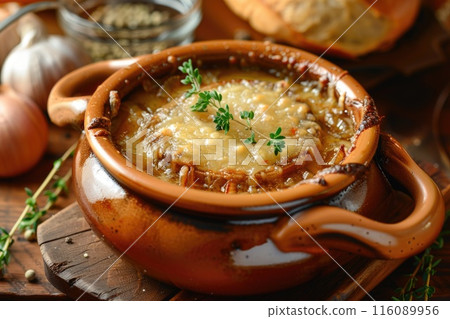 Delectable French Onion Soup in Ceramic Bowl Topped with Melted Cheese and Fresh Herbs 116089956