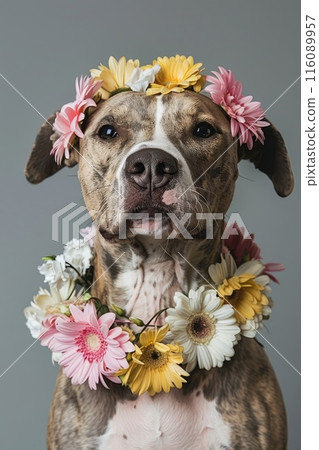 Elegant Dog Adorned with Colorful Flower Collar on Nature Background 116089957