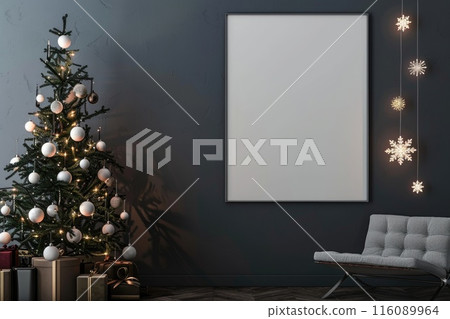 Cozy Winter Interior with Decorated Christmas Tree and Blank Picture Frame Cozy Winter Interior with Decorated Christmas Tree and Blank Picture Frame 116089964