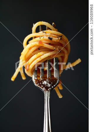 Delicious Spaghetti Pasta Twirled on Fork Against Dark Background Delicious Spaghetti Pasta Twirled on Fork Against Dark Background 116089968