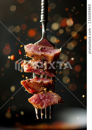 Sizzling Grilled Tuna Steaks on Fork with Flaming Sparks 116089969