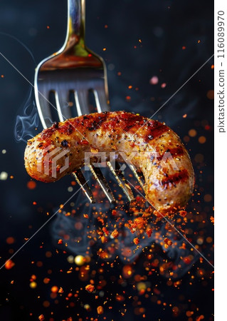 Juicy Grilled Sausage on Fork with Smoke and Flaming Sparks Juicy Grilled Sausage on Fork with Smoke and Flaming Sparks 116089970