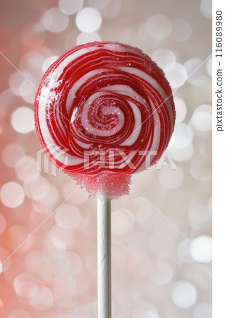 Vibrant Swirled Lollipop on Gleaming Pink Background Vibrant Swirled Lollipop on Gleaming Pink Background 116089980