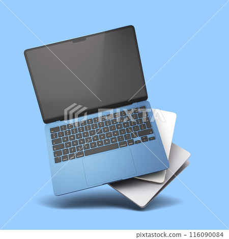 new different color empty screan laptops presentation fly in air 3d render on blue new different color empty screan laptops presentation fly in air 3d render on blue 116090084