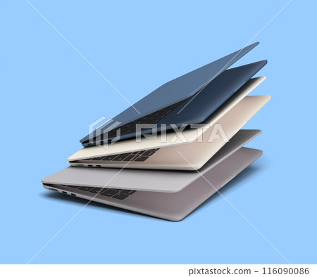 new different color open laptops presentation fly in air 3d render on blue new different color open laptops presentation fly in air 3d render on blue 116090086