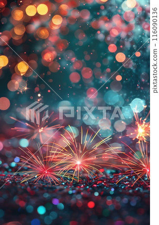 A captivating explosion of fireworks in red and blue hues A captivating explosion of fireworks in red and blue hues 116090136