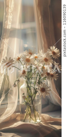 Tranquil Morning Light with Fresh Daisy Arrangement on Window Sill Tranquil Morning Light with Fresh Daisy Arrangement on Window Sill 116090139