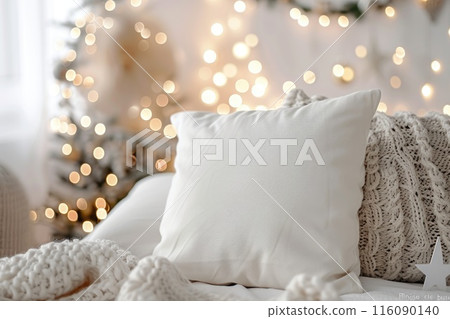 Cozy White Pillow on Fur Blanket with Christmas Tree Lights Background 116090140