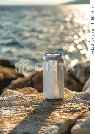 Blank Aluminum Can on Rocky Shore Overlooking Ocean Blank Aluminum Can on Rocky Shore Overlooking Ocean 116090152