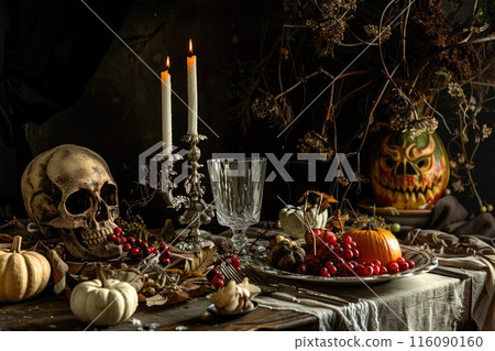 Eerie Halloween Dinner Table with Skull, Pumpkins, and Candles 116090160